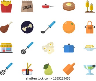 Color flat icon set saucepan flat vector, frying pan, apron, ladle, kitchen spoon, whisk, cutting board, ham, spaghetti, French fries, sashimi, popcorn, pear, orange, pancakes, seeds, ear
