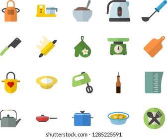 Color flat icon set saucepan flat vector, frying pan, weighing machine, meashuring cup, teapot, electric kettle, apron, potholder, ladle, knives, rolling pin, cutting board, mixer, food processor