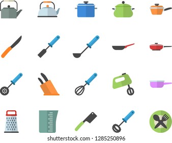 Color flat icon set saucepan flat vector, frying pan, saute, meashuring cup, teapot, ladle, kitchen spatula, spoon, whisk, knives, mixer, grater, table setting fector