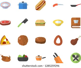 Color flat icon set saucepan flat vector, frying pan, saute, knives, cookbook, ham, sausage, hamburger, hot dog, pizza, dish, salad, chicken, chop, cutlet, knife, table setting fector