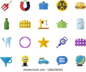 Color flat icon set saucepan flat vector, spring balance, hamburger, pitchfork, fence, radiation, crane, glass bottles, funnel, broken tooth, magnet, hoop, car fector, starfish, chat, lamp, globe