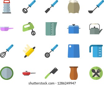 Color flat icon set saucepan flat vector, frying pan, saute, meashuring cup, teapot, ladle, kitchen spatula, spoon, whisk, knives, rolling pin, cutting board, mixer, flour, sieve, grater, jugful