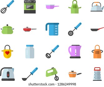 Color flat icon set saucepan flat vector, frying pan, saute, meashuring cup, teapot, electric kettle, apron, ladle, kitchen spoon, whisk, stove, mixer, glass jar, grater