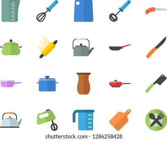 Color flat icon set saucepan flat vector, frying pan, saute, meashuring cup, teapot, whisk, knives, rolling pin, cutting board, mixer, jugful, knife, table setting fector