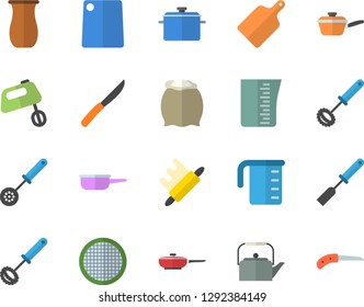 Color flat icon set saucepan flat vector, frying pan, saute, meashuring cup, teapot, kitchen spatula, spoon, whisk, knives, rolling pin, cutting board, mixer, flour, sieve, jugful, knife