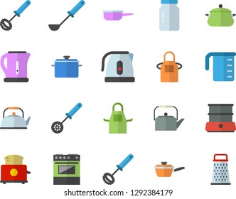 Color flat icon set saucepan flat vector, saute, meashuring cup, teapot, electric kettle, apron, ladle, kitchen spoon, whisk, stove, toaster, double boiler, glass jar, grater