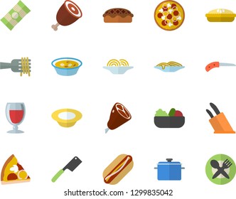 Color flat icon set saucepan flat vector, knives, spaghetti, on a fork, hot dog, pizza, dish, salad, soup, pie, ham, wine, knife, table setting fector