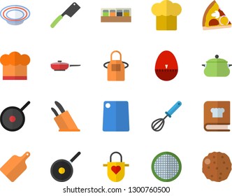 Color flat icon set saucepan flat vector, frying pan, teflon, cook hat, apron, whisk, kitchen egg timer, knives, cutting board, cookbook, spice, sieve, pizza, dish, cutlet