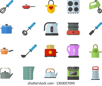 Color flat icon set saucepan flat vector, frying pan, saute, meashuring cup, teapot, electric kettle, apron, ladle, kitchen spatula, whisk, stove, toaster, mixer, double boiler, grater