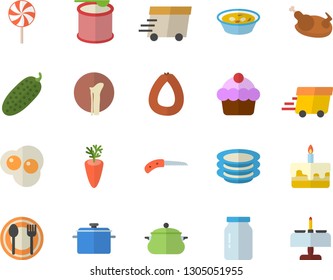 Color flat icon set saucepan flat vector, glass jar, table setting, plates, cake, sausage, soup, chicken, lollipop, carrot, cucumber, scrambled eggs, knife, express delivery, bone fracture, steroids