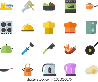 Color flat icon set saucepan flat vector, frying pan, saute, teflon, meashuring cup, electric kettle, cook hat, apron, knives, meat hammer, stove, food processor, dish, spaghetti on a fork, salad