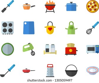 Color flat icon set saucepan flat vector, frying pan, cauldron, saute, apron, ladle, kitchen spatula, whisk, cutting board, electric stove, microwave, toaster, mixer, spice, barbecue, sieve, grater