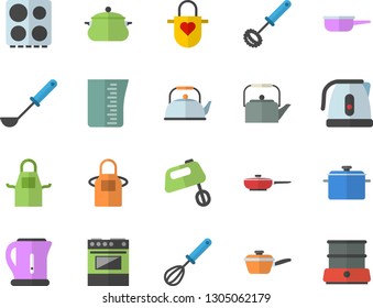 Color flat icon set saucepan flat vector, frying pan, saute, meashuring cup, teapot, electric kettle, apron, ladle, whisk, stove, mixer, double boiler