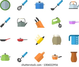 Color flat icon set saucepan flat vector, frying pan, saute, meashuring cup, teapot, ladle, kitchen spatula, whisk, knives, rolling pin, cutting board, mixer, flour, sieve, jugful