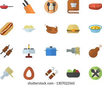 Color flat icon set saucepan flat vector, frying pan, knives, cookbook, table setting, chop, sausage, spaghetti on a fork, hamburger, hot dog, salad, soup, chicken, shashlik, romantic dinner fector