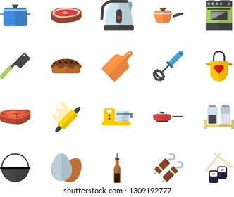 Color flat icon set saucepan flat vector, frying pan, cauldron, saute, electric kettle, apron, whisk, knives, rolling pin, cutting board, stove, spice, food processor, chop, sauce, egg, pie