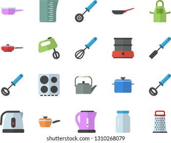 Color flat icon set saucepan flat vector, frying pan, saute, meashuring cup, teapot, electric kettle, apron, kitchen spatula, spoon, whisk, stove, mixer, double boiler, glass jar, grater