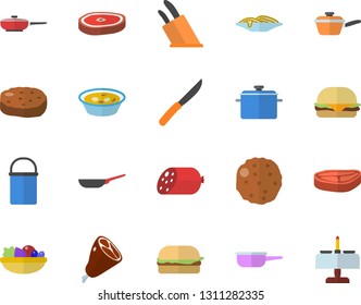 Color flat icon set saucepan flat vector, frying pan, hiking pot, saute, knives, chop, sausage, spaghetti, hamburger, salad, soup, ham, cutlet, romantic dinner fector
