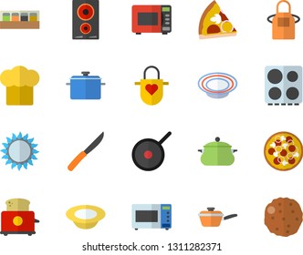 Color flat icon set saucepan flat vector, saute, teflon, cook hat, apron, knives, electric stove, induction cooker, gas, microwave, toaster, spice, pizza, dish, cutlet