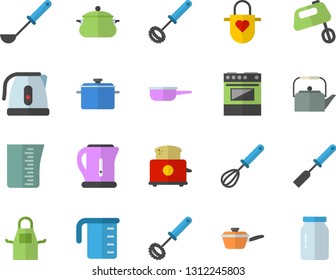 Color flat icon set saucepan flat vector, saute, meashuring cup, teapot, electric kettle, apron, ladle, kitchen spatula, whisk, stove, toaster, mixer, glass jar