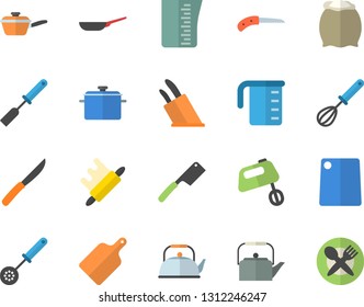 Color flat icon set saucepan flat vector, frying pan, saute, meashuring cup, teapot, kitchen spatula, spoon, whisk, knives, rolling pin, cutting board, mixer, flour, knife, table setting fector