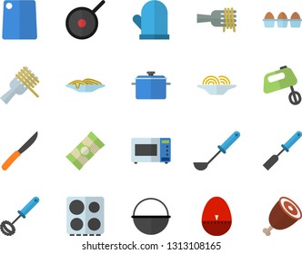 Color flat icon set saucepan flat vector, cauldron, teflon, potholder, ladle, kitchen spatula, whisk, egg timer, knives, cutting board, electric stove, microwave, mixer, spaghetti, on a fork, ham