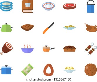 Color flat icon set saucepan flat vector, hiking pot, saute, knives, cookbook, plates, spaghetti, sausage, dish, soup, pie, chicken, ham, chop, shashlik, cutlet