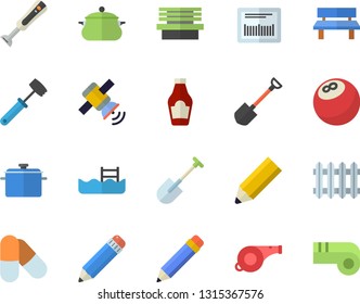 Color flat icon set saucepan flat vector, meat hammer, blender, ketchup, shovel, bench, radiator, barcode, pencil, satellit, whistle, bowling ball, pills, pool