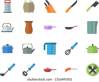 Color flat icon set saucepan flat vector, frying pan, saute, meashuring cup, teapot, ladle, whisk, knives, flour, grater, jugful, knife, table setting fector