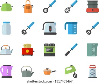 Color flat icon set saucepan flat vector, saute, meashuring cup, teapot, electric kettle, apron, kitchen spatula, spoon, whisk, stove, toaster, mixer, double boiler, glass jar, grater