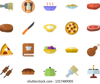 Color flat icon set saucepan flat vector, knives, cookbook, table setting, chop, spaghetti on a fork, pizza, dish, salad, soup, pie, chicken, shashlik, cutlet, romantic dinner fector