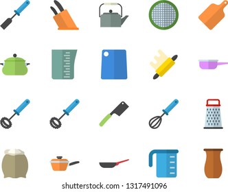 Color flat icon set saucepan flat vector, frying pan, saute, meashuring cup, teapot, kitchen spatula, whisk, knives, rolling pin, cutting board, flour, sieve, grater, jugful