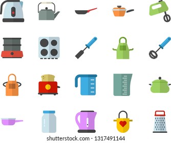 Color flat icon set saucepan flat vector, frying pan, saute, meashuring cup, teapot, electric kettle, apron, kitchen spatula, whisk, stove, toaster, mixer, double boiler, glass jar, grater