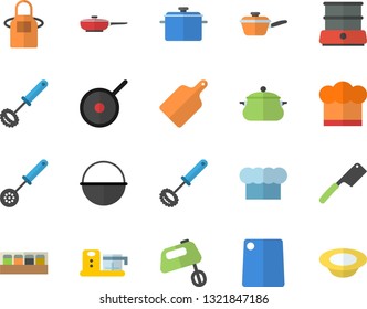 Color flat icon set saucepan flat vector, frying pan, cauldron, saute, teflon, cook hat, apron, kitchen spoon, whisk, knives, cutting board, mixer, double boiler, spice, food processor, dish
