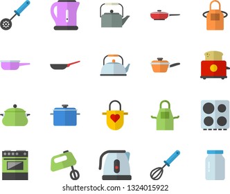 Color flat icon set saucepan flat vector, frying pan, saute, teapot, electric kettle, apron, kitchen spoon, whisk, stove, toaster, mixer, glass jar