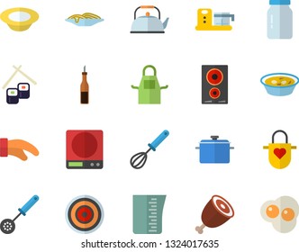 Color flat icon set saucepan flat vector, weighing machine, meashuring cup, teapot, apron, potholder, kitchen spoon, whisk, induction cooker, food processor, glass jar, sauce, spaghetti, dish, soup
