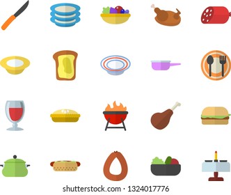 Color flat icon set saucepan flat vector, saute, knives, barbecue, table setting, plates, ham, sausage, hamburger, hot dog, dish, salad, pie, chicken, wine, sandwich, romantic dinner fector