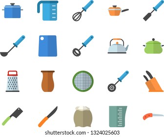 Color flat icon set saucepan flat vector, saute, meashuring cup, teapot, ladle, kitchen spatula, spoon, whisk, knives, cutting board, flour, sieve, grater, jugful, knife