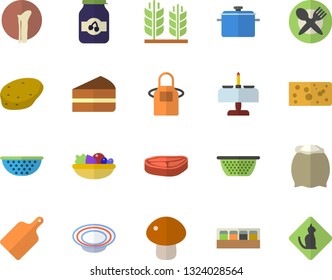 Color flat icon set saucepan flat vector, colander, apron, cutting board, spice, flour, potato, chop, cheese, mushroom, piece of cake, dish, salad, jam, bone fracture, ear, romantic dinner fector