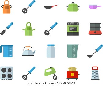 Color flat icon set saucepan flat vector, frying pan, saute, meashuring cup, teapot, apron, ladle, kitchen spatula, spoon, whisk, electric stove, toaster, mixer, double boiler, glass jar, grater