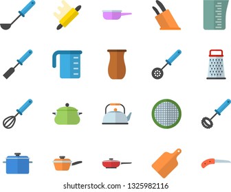 Color flat icon set saucepan flat vector, frying pan, saute, meashuring cup, teapot, ladle, kitchen spatula, spoon, whisk, knives, rolling pin, cutting board, sieve, grater, jugful, knife