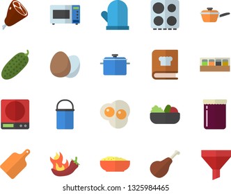 Color flat icon set saucepan flat vector, hiking pot, saute, weighing machine, potholder, cutting board, electric stove, microwave, cookbook, spice, egg, ham, salad, porridge, hot peppers, cucumber