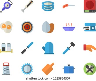 Color flat icon set saucepan flat vector, weighing machine, spring balance, potholder, kitchen spatula, meat hammer, cutting board, induction cooker, gas, blender, spice, coffee, grater, plates, egg
