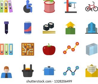 Color flat icon set saucepan flat vector, tomato, fish rolls, lemonade, crane, metallurgy, person, scatter chart, disabled, office building, sticker, folder, tie, electronic circuit, steroids