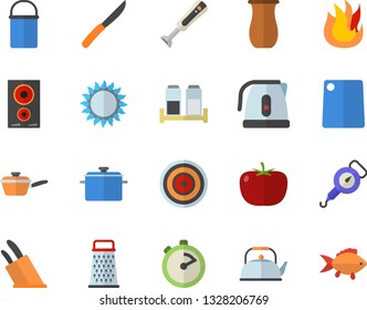 Color flat icon set saucepan flat vector, hiking pot, saute, teapot, electric kettle, spring balance, stopwatch, knives, cutting board, fire, induction cooker, gas, blender, spice, grater, jugful