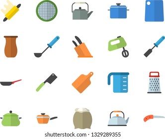 Color flat icon set saucepan flat vector, frying pan, saute, meashuring cup, teapot, ladle, kitchen spatula, knives, rolling pin, cutting board, mixer, flour, sieve, grater, jugful, knife