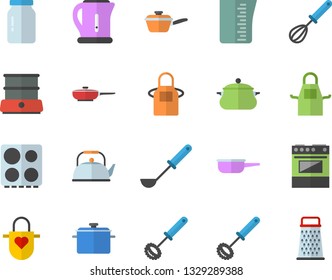 Color flat icon set saucepan flat vector, frying pan, saute, meashuring cup, teapot, electric kettle, apron, ladle, whisk, stove, double boiler, glass jar, grater