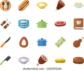 Color flat icon set saucepan flat vector, knives, cookbook, table setting, plates, spaghetti, sausage, hot dog, dish, pie, chicken, ham, chop, shashlik, cutlet