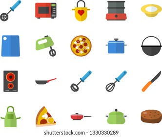 Color flat icon set saucepan flat vector, frying pan, cauldron, apron, kitchen spoon, whisk, knives, cutting board, induction cooker, microwave, mixer, double boiler, pizza, dish, cutlet