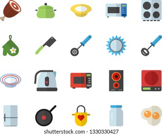 Color flat icon set saucepan flat vector, teflon, weighing machine, electric kettle, apron, potholder, kitchen spoon, whisk, knives, stove, induction cooker, gas, microwave, fridge, glass jar, dish